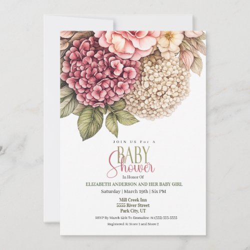 Pretty Hydrangea and Rose Girl Baby Shower Invitation