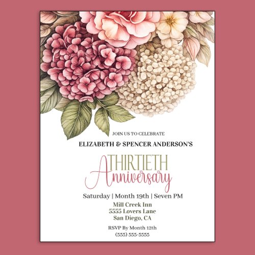 Pretty Hydrangea Rose 30th Anniversary Invitation