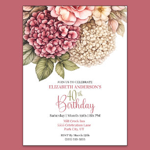 Pretty Hydrangea Rose 40th Birthday Invitation