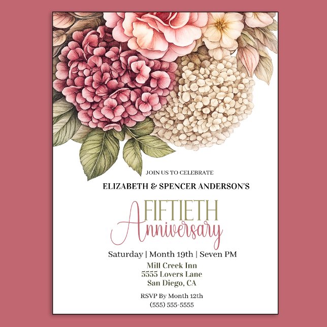 Pretty Hydrangea Rose 50th Anniversary  Invitation (Pretty Hydrangea and Rose 50th Wedding Anniversary Invitations.)