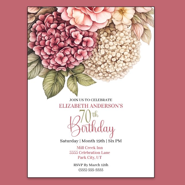 Pretty Hydrangea Rose 70th Birthday Invitation (Pretty Hydrangea and Rose 70th Birthday Invitation For Women.)