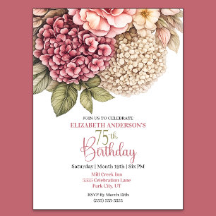 Pretty Hydrangea Rose 75th Birthday Invitation