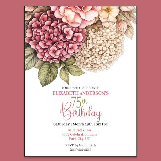 Pretty Hydrangea Rose 75th Birthday Invitation