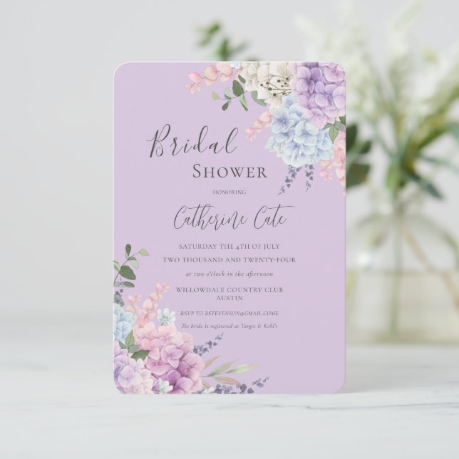 Pretty Hydrangeas Purple Floral Bridal Shower Invitation (Standing Front)