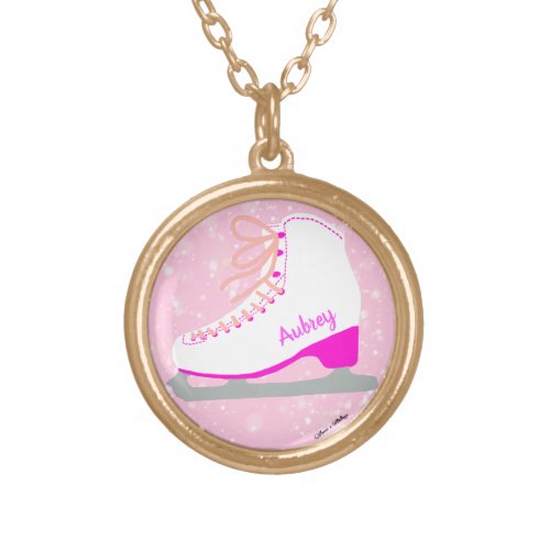 Pretty Ice Skate Pink Figure Skating Personalized Gold Plated Necklace