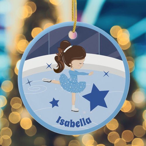 Pretty Ice Skater Girl Personalized Blue Christmas Ceramic Ornament