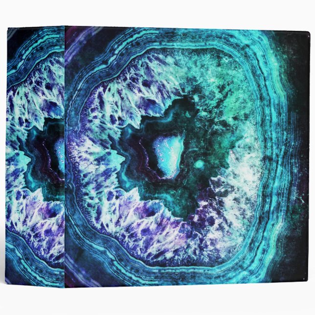 Pretty Icy Turquoise and Purple Geode Crystal 3 Ring Binder (Front/Spine)
