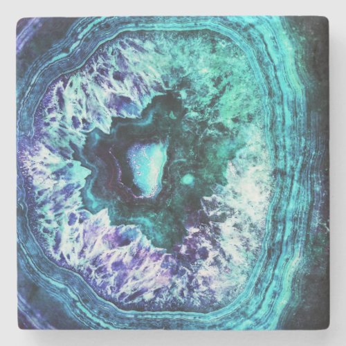 Pretty Icy Turquoise and Purple Geode Crystal Stone Coaster
