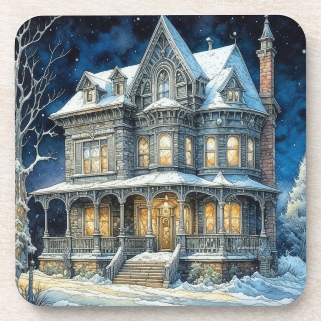 Pretty Illuminated Christmas House Beverage Coaster (Front)