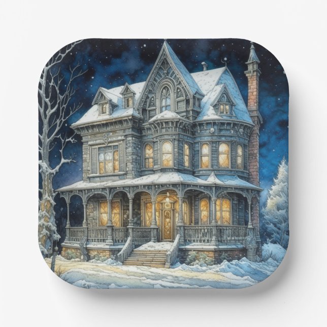 Pretty Illuminated Christmas House Paper Plates (Front)