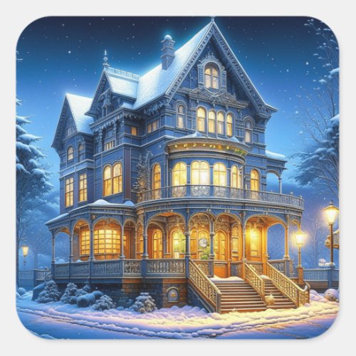 Pretty Illuminated Victorian House Holiday Square Sticker