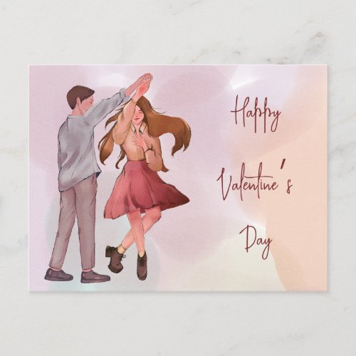 Pretty Illustrated Dancing Couple Valentines Day Postcard