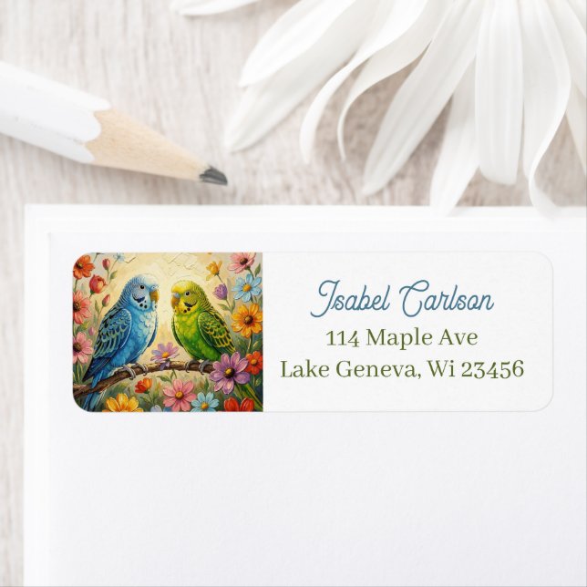 Pretty Impasto Blue and Green Parakeets   Label (Insitu)