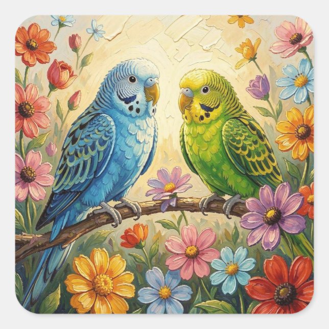 Pretty Impasto Blue and Green Parakeets   Square Sticker (Front)