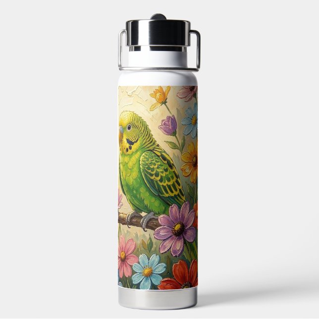 Pretty Impasto Blue and Green Parakeets   Water Bottle (Back)