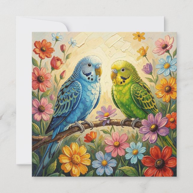 Pretty Impasto Parakeets | Blank Card (Front)