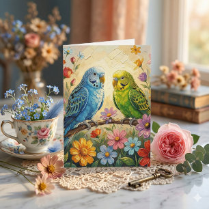 Pretty Impasto Parakeets   Happy Birthday Card