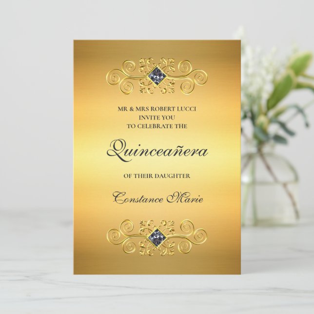 Pretty in Gold Quinceanera Invitation (Standing Front)
