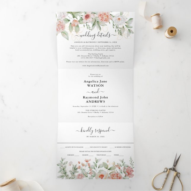 Pretty in Peach Botanical Elegant Wedding Tri-Fold Invitation (Inside)