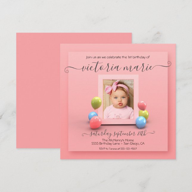 Pretty in Pink 1st Birthday Photo Balloon Invitation (Front/Back)