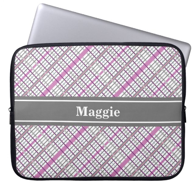 Pretty in Pink and Gray Plaid Laptop Sleeve (Front)