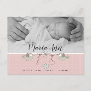 Pretty In Pink B&W Photo Birth Announcement Postcard