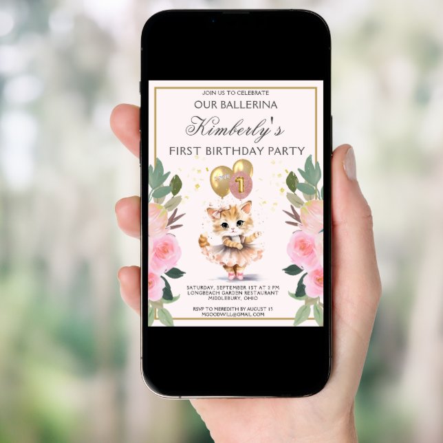 Pretty in Pink Ballerina Girl First Birthday  Invitation (Front Digital)