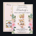 Pretty in Pink Ballerina Girl First Birthday  Invitation<br><div class="desc">Pretty in Pink -- this fun dancing / ballerina theme - with that precious dancing kitten (please note the ballet slippers and bow) and the pink and gold balloons-- completed with her custom script name. And, on the flip side, place holders for two photos, if you wish. "Love" (see balloon)...</div>