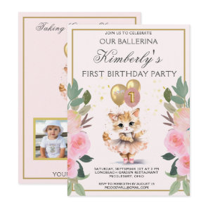 Pretty in Pink Ballerina Girl First Birthday  Invitation