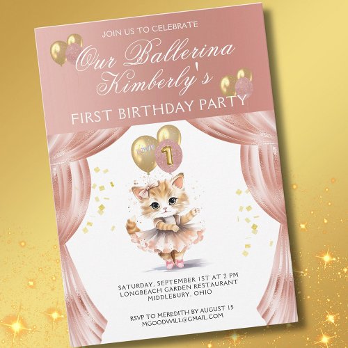 Pretty in Pink Ballerina Girl First Birthday  Invitation