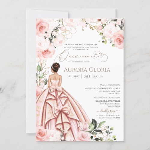 Pretty in Pink Beautiful Gown Rose Quinceaera Inv Invitation