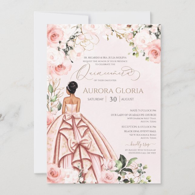 Pretty in Pink Beautiful Gown Roses Quinceanera  Invitation (Front)