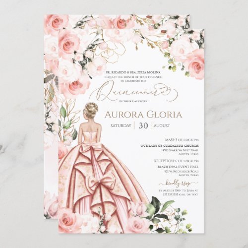 Pretty in Pink Beautiful Rose Elegant Quinceanera  Invitation