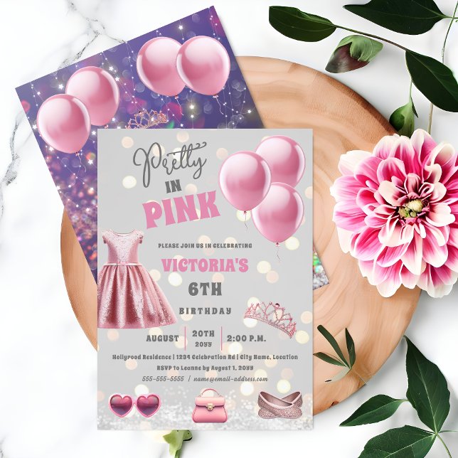 Pretty in Pink Birthday Party Invitation (All about your daughter being Pretty In Pink for her birthday party invitation front and back view.)