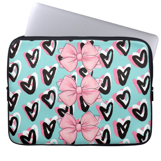 Pretty in Pink & Black BowHeart Laptop Sleeve (Front)