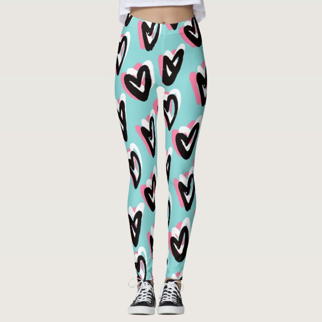 Pretty in Pink & Black Graphic Heart Leggings (Front)