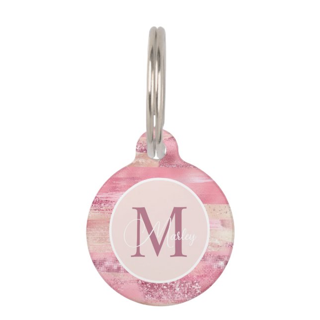 Pretty in Pink Blush Rose Gold Glitter Monogram  Pet ID Tag (Front)