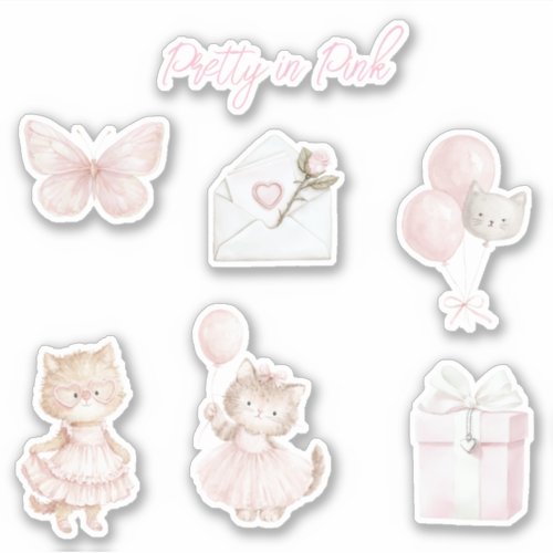 Pretty in Pink Cats Balloons Butterfly Sticker