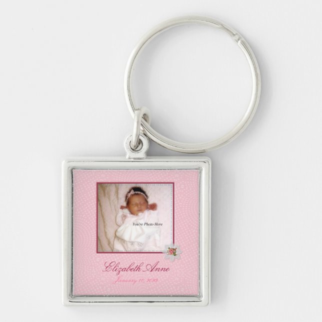 Pretty In Pink Girly Photo Birth Announcement Keychain (Front)