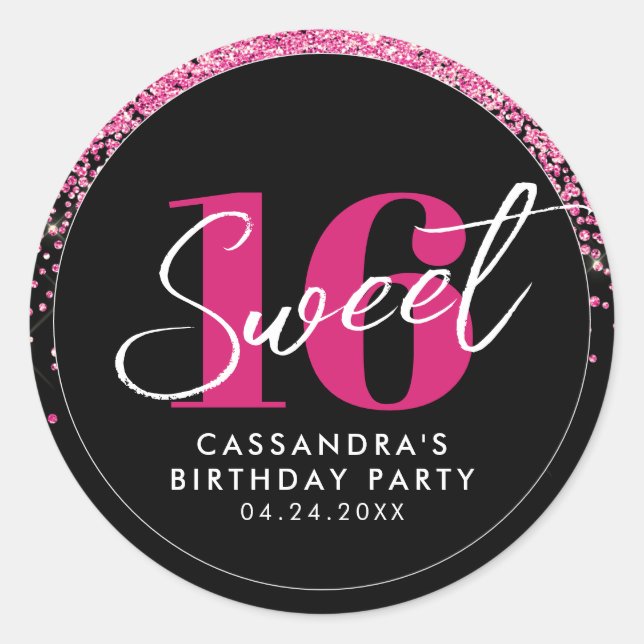 Pretty in Pink Glitter Glam Sweet Sixteen Classic Round Sticker (Front)