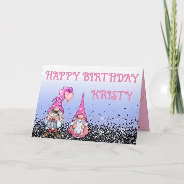 Pretty in Pink Gnome Birthday Card (Front)