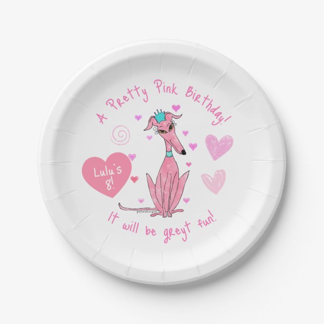Pretty In Pink Greyhound Party Invitation Paper Plates (Front)