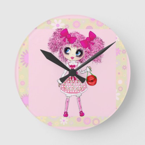 Pretty in Pink Kawaii Girl PinkyP Round Clock