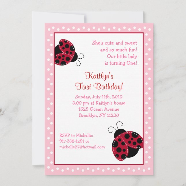 Pretty in Pink Ladybug Birthday Invitations (Front)