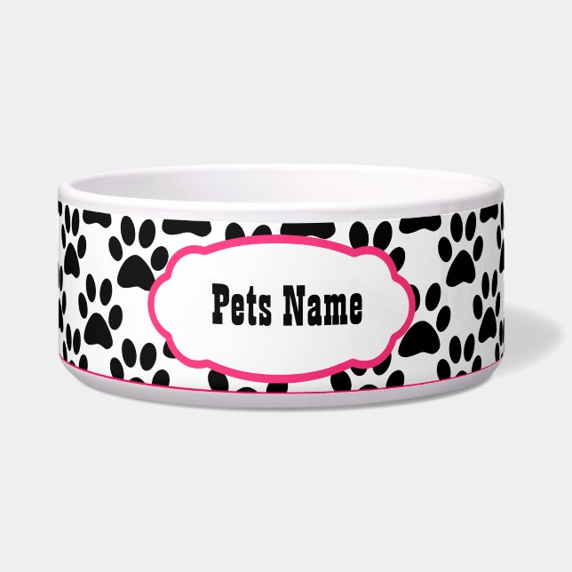 Pretty in Pink Paw Print Personalized Dog Bowl (Front)