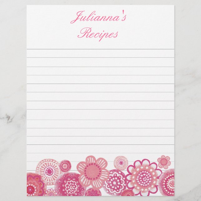 Pretty in Pink Recipe Binder Insert Letter Pages (Front)