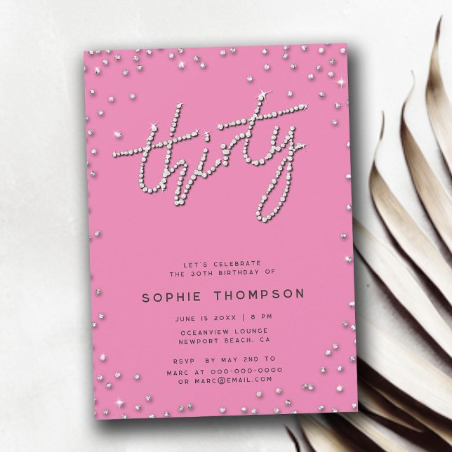 Pretty in Pink Rhinestones Elegant 30th Birthday Invitation (pretty in pink rhinestones 30th birthday for women invitation elegant modern simple glitter feminine)