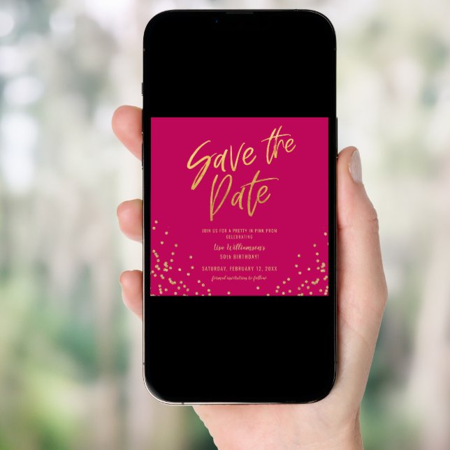 Pretty in Pink Save the Date Gold Glitter Invitation (Front Digital)