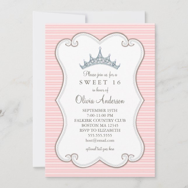 Pretty in Pink Sweet 16 Birthday Tiara Invitation (Front)