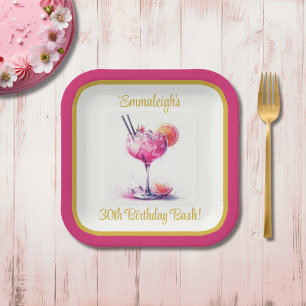 Pretty in Pink Theme Cocktail 30th Birthday Square Paper Plates